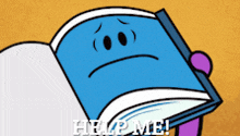 a cartoon of a book with a sad face says help me