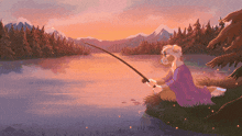 a pixel art illustration of a person fishing in a lake