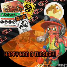 a happy neo 8 tuesday greeting card with a cartoon character