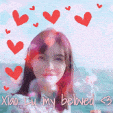 a picture of a woman with hearts around her and the words xiao lu my beloved < 3