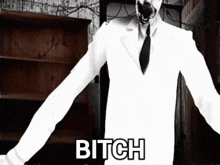a man in a white suit and tie is standing in front of a wooden shelf and says bitch