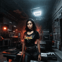 a woman wearing a shirt that says orml is standing in a dark room