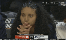a woman covering her nose while watching a ncaa basketball game
