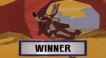 a cartoon of a coyote with the word winner below it
