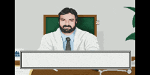 a pixel art illustration of a doctor sitting at a desk with a stethoscope on the table