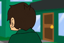 a cartoon of a man standing in front of a green house