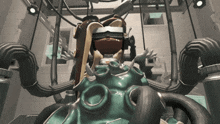 a cartoon character is wearing a virtual reality headset in a room