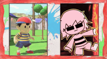 a cartoon of ness and a cartoon of a girl with pink hair