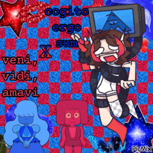 a cartoon of a girl with the words cogito ergo x sum veni vidi amavi