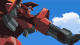 a cartoon drawing of a red robot against a blue sky with clouds