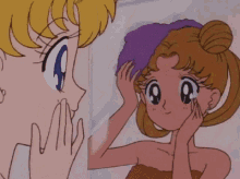 a cartoon girl is brushing another girl 's hair with a towel