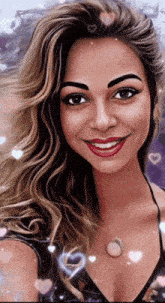 a painting of a woman 's face with hearts around her
