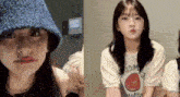 a girl wearing a blue hat and a white t-shirt is making a face .
