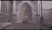 a blurry picture of a man standing in front of a castle