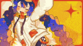 a cartoon illustration of a girl with blue hair wearing a hoodie and a hat .