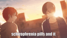 a couple of anime characters standing next to each other with the words schizophrenia pills and it written on the bottom .