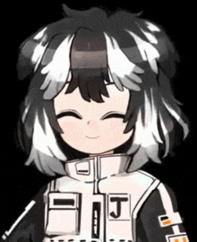 a drawing of a girl with black and white hair and a jacket that says j on it .