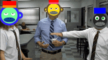 a man wearing a blue shirt and tie has a monkey face on his head