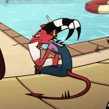 a cartoon character is sitting on the side of a pool with a straw in his mouth