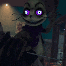 a cartoon character with purple eyes and a purple shirt