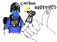 a black and white drawing of a person with the words carbon approved