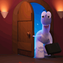 a cartoon dinosaur is holding a black briefcase in front of a door