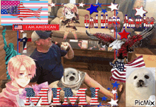 a man is sitting in a living room surrounded by american symbols and a picture of himself