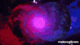 a purple lightning bolt is coming out of the ground in the night sky .
