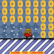 a thank you cardano message is displayed in a pixel art game