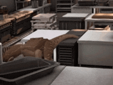 a kitchen with a t-rex on the counter