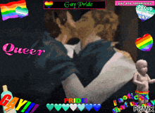 a picture of a man kissing another man with the words gay pride visible