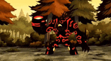 a cartoon drawing of a monster with red letters on its body