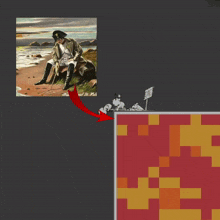 a painting of a man sitting on a rock next to a sign that says ' no '