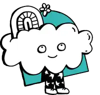 a cartoon drawing of a smiling cloud with a flower in its hair