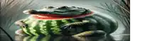 a crocodile is laying on a slice of watermelon in the water