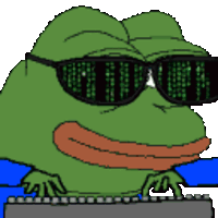 a green frog wearing sunglasses is typing on a computer keyboard