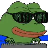 a green frog wearing sunglasses is typing on a computer keyboard