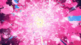 a pink and blue background with a yellow center