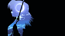 a silhouette of a person holding a sword in front of a eclipse