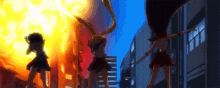 a group of anime characters are standing in front of a fire .