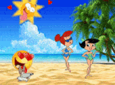 three cartoon characters are standing on a beach with a sun behind them