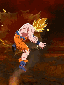 a cartoon of a man with a yellow hair and orange shorts