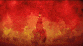 a cartoon character is standing in front of a fire explosion .