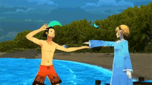 a man and a woman are standing on a beach and the woman is wearing a blue dress