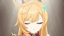 a close up of a girl with her eyes closed and a butterfly in her hair