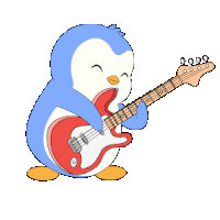 a penguin is playing a red and white guitar