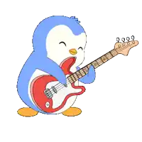 a penguin is playing a red and white guitar