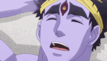 a close up of a cartoon character with a yellow headband and a red eye