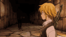a cartoon character is standing in a dark room with a sword