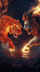 a tiger and a lion are standing next to each other in the water